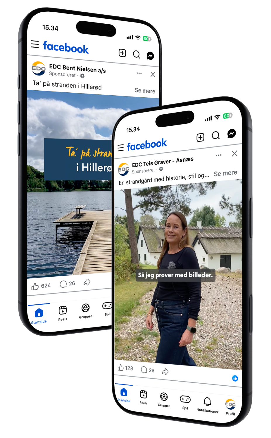 To mobiltelefoner der viser SoMe-videoer fra mæglerbutikker